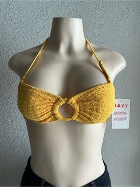 Roxy Yellow Ring-Front Textured Bikini Top